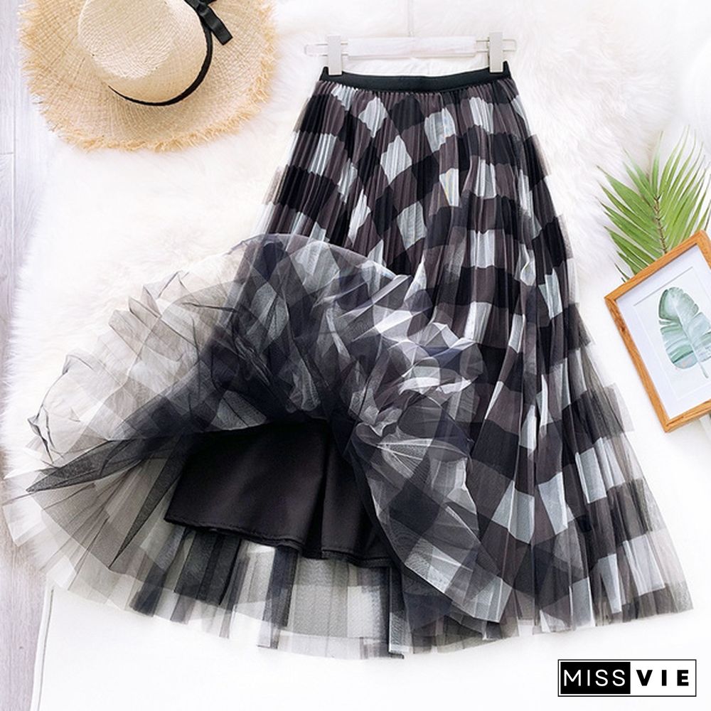 High Quality Green Red Long Plaid Tutu Tulle Skirt Women Fashion Elegant A Line High Waist Pleated Maxi Skirt Female Ladies Summer Spring Autumn