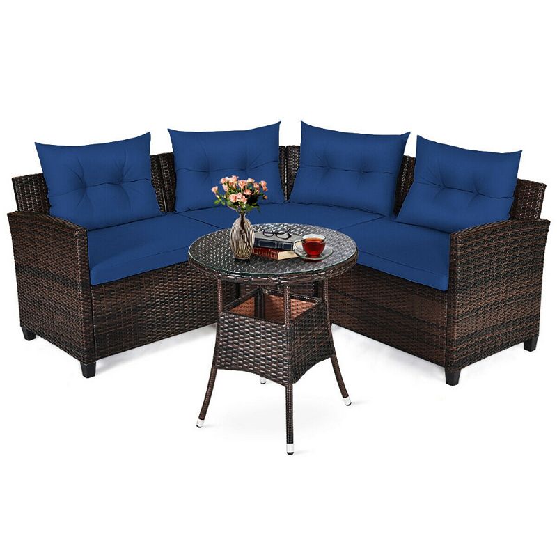 4 Pieces Outdoor Patio Cushioned Rattan Furniture Set