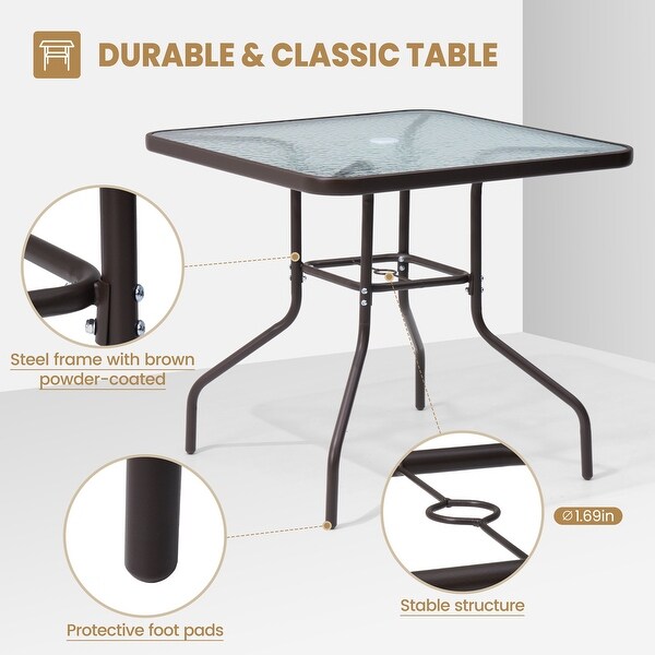 Crestlive Outdoor Dining Bistro Table with Square Glass Top and Umbrella Hole