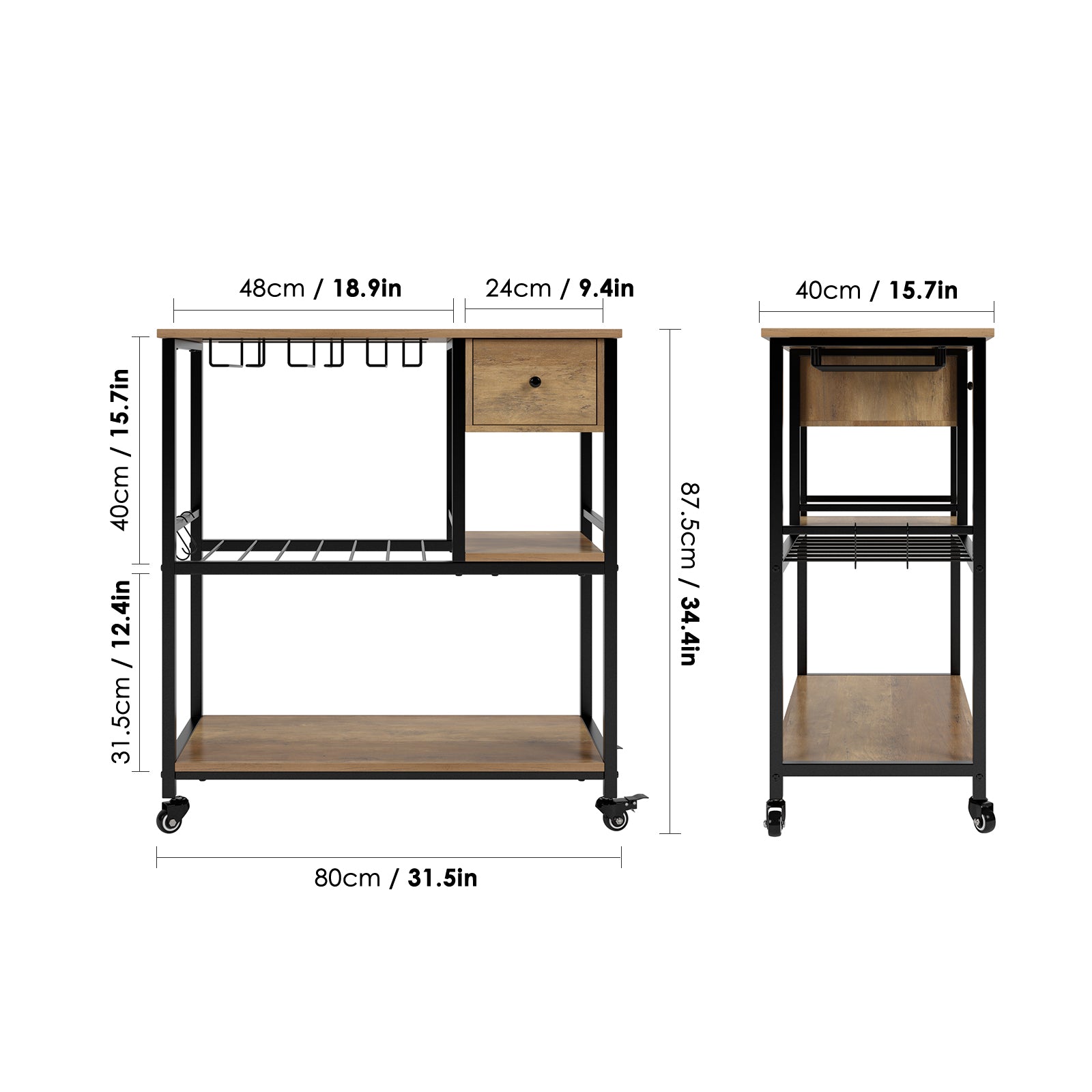 Homfa Bar Cart， Kitchen Serving Cart， Wood Baker's Rack with Drawer， Wine Cart with 3-Tier Storage Shelf， Rustic Brown Finish