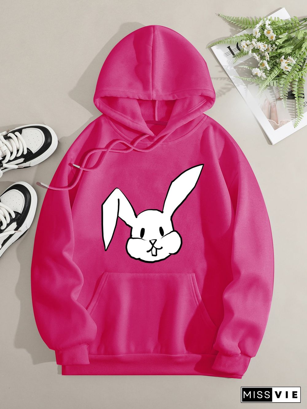 Printed on front Kangaroo Pocket Hoodie Long Sleeve for Women Pattern Big-Eared Rabbit