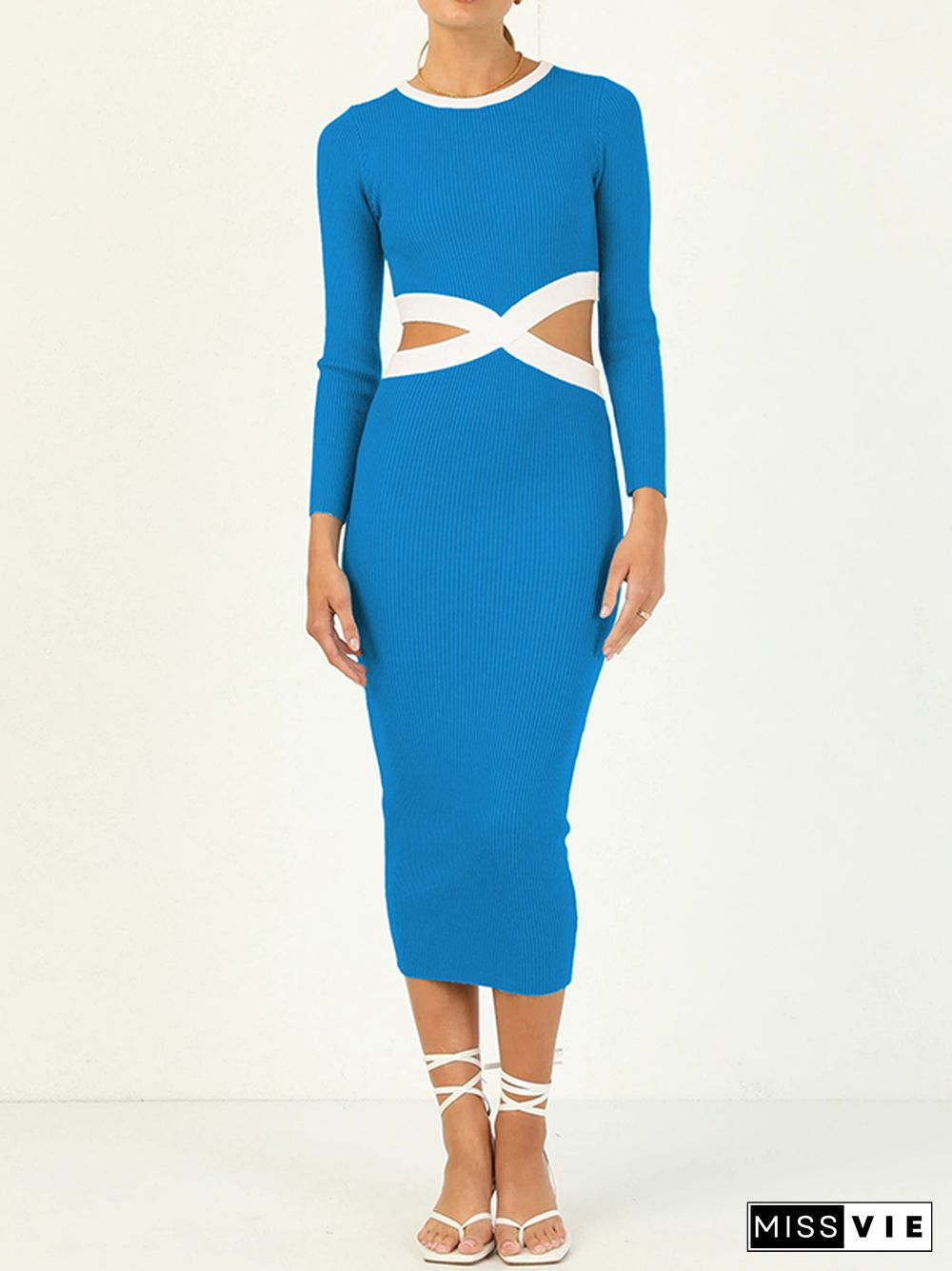 High Waisted Long Sleeves Hollow Round-Neck Midi Dresses