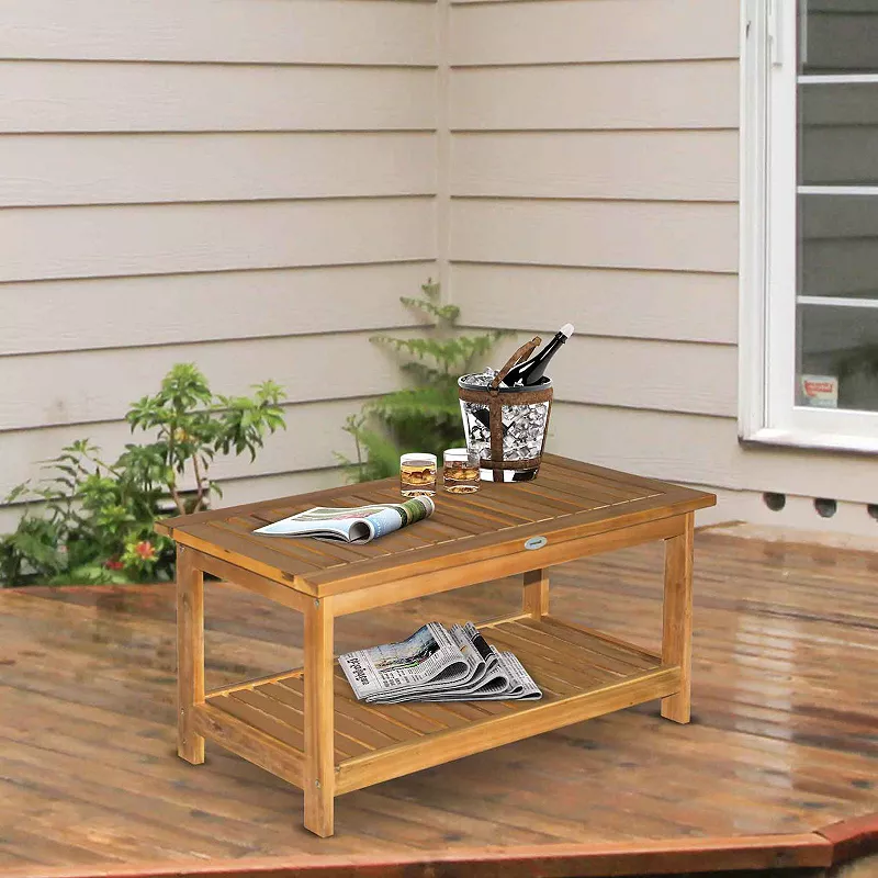 Outsunny Outdoor Coffee Table 2 Shelf Acacia Wood Rectangular Buffet Storage Organizer Natural Finish Teak Patio Deck Lawn Garden 35x17x17