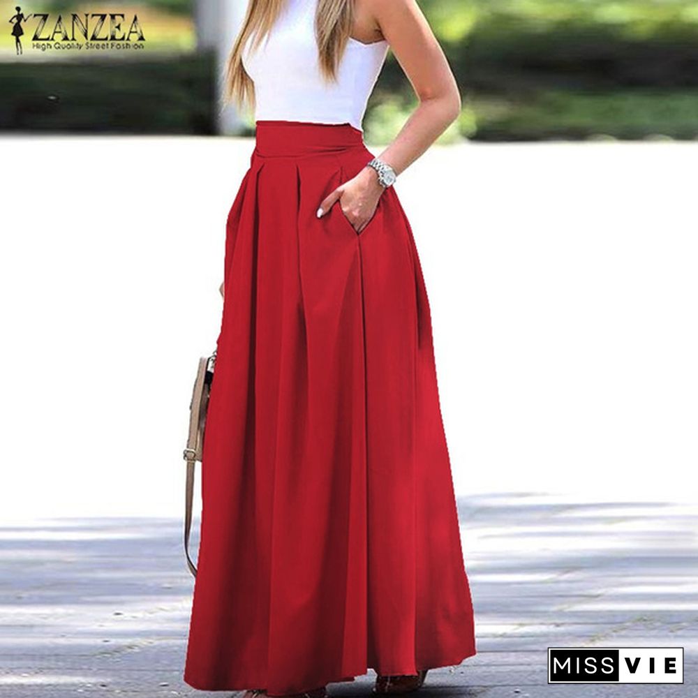 Women Summer Elegant Casual A-Line Skirt Plain Basic Fashion Big Swing Long Dress Skirt