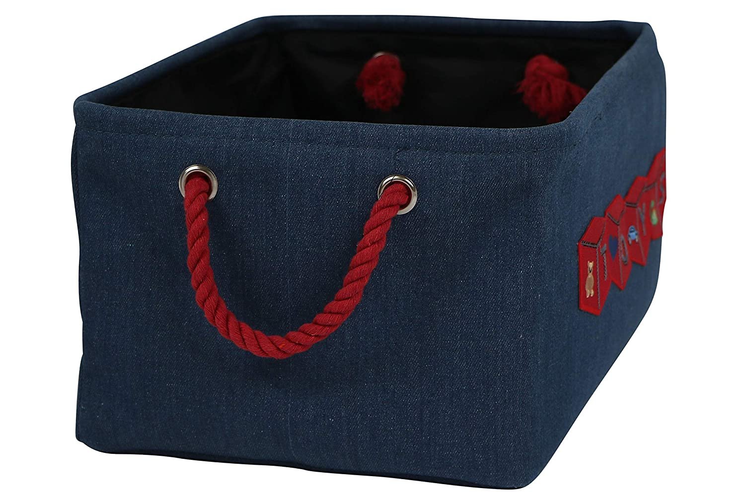 Toy Storage Basket Bin for Organizing Baby, Kids, Dog Toys, Children Books. Denim Canvas Box Organizer w/Attractive Red Patch for Playroom, Nursery