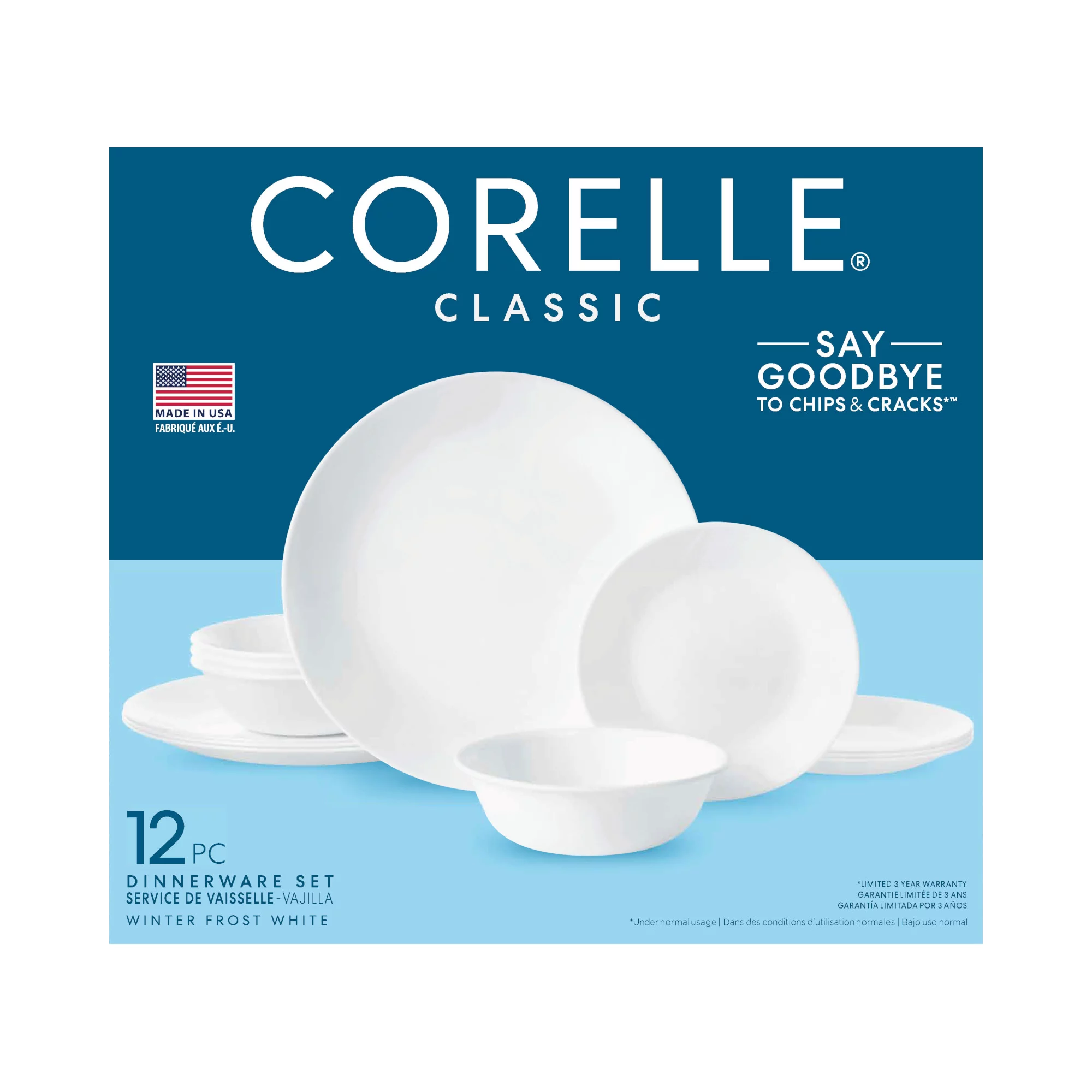 Corelle Winter Frost White， 12 Piece， Dinnerware Set