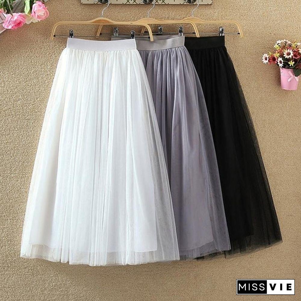 Tulle Skirts Women Spring Summer Elastic High Waist Skirt Womens Tutu Maxi Pleated Skirt Fashion