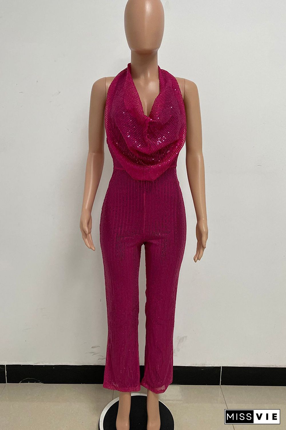 Sleeveless Halter Sequin Glitter One Piece Jumpsuit