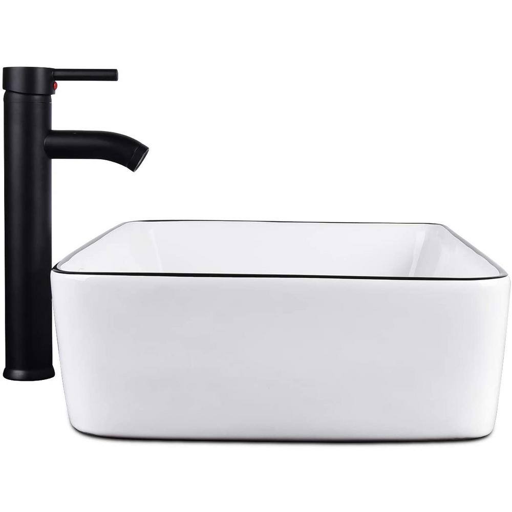 Puluomis White Ceramic Rectangular Vessel Sink with Artistic Black Border US-HW1125