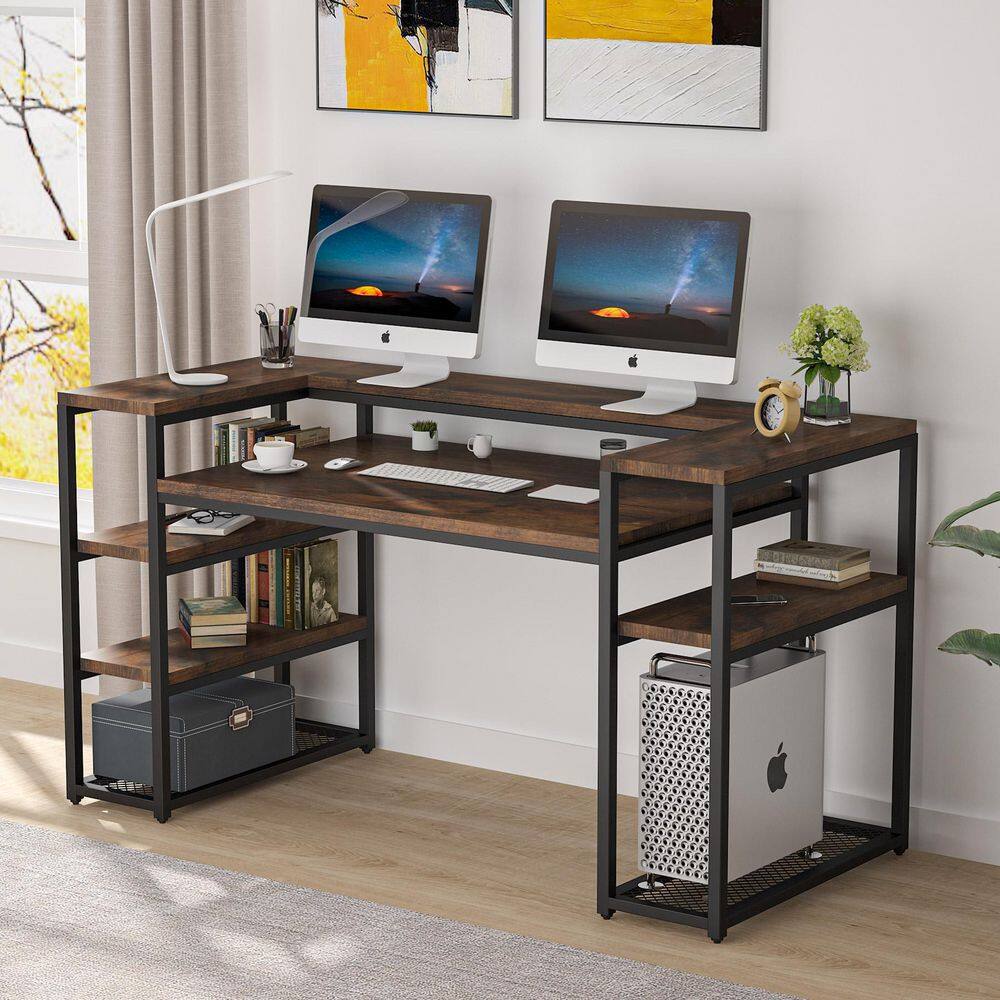 TRIBESIGNS WAY TO ORIGIN Heidi 63 in. Rectangular Black Metal Brown Particle Board Wood Computer Desk with Storage Shelves Monitor Printer Stand HD-F1352