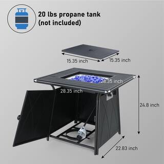 PHI VILLA 28.3 in. x 24.8 in. 50000 BTU Square Metal Gas Fire Pit Table with Lid and Blue Fire Glass THD-E02GS001