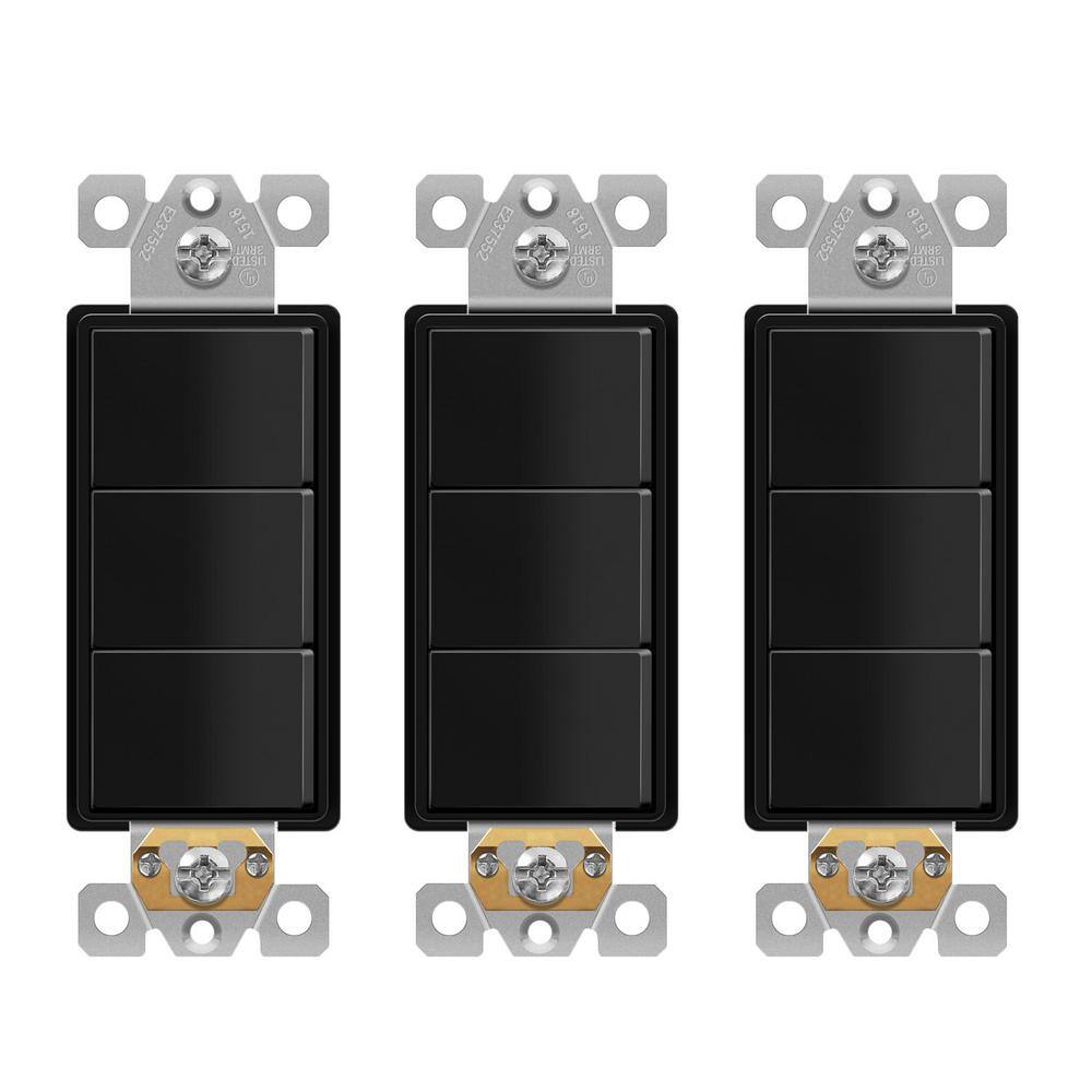 ENERLITES 15 Amp 120-Volt to 277-Volt Triple Paddle Rocker Decorator Light Switch Single Pole Residential Grade in Black (3-Pack) 62755-BK-3PCS