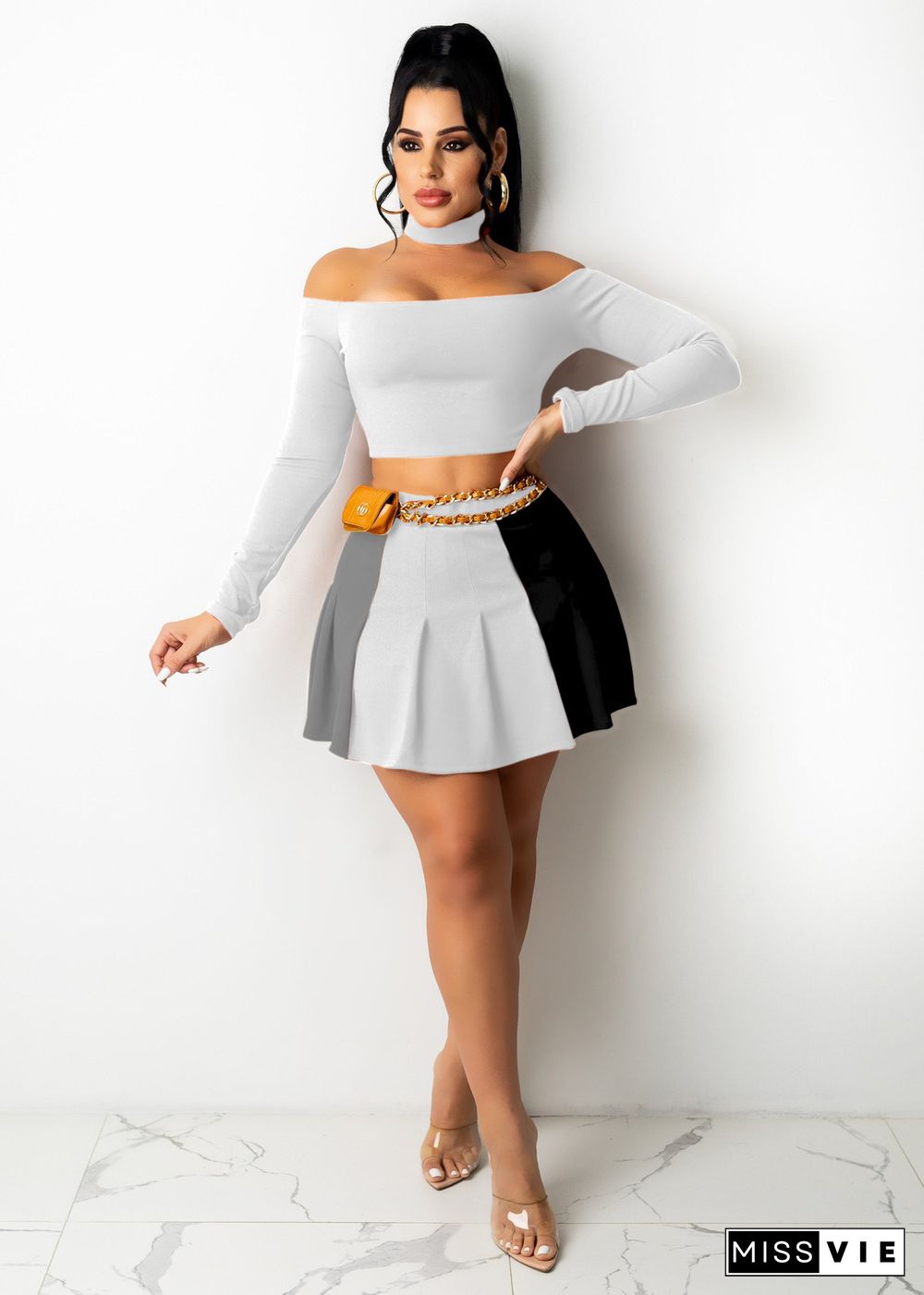 Off Shoulder Crop Top Pleated Mini Skirt Set