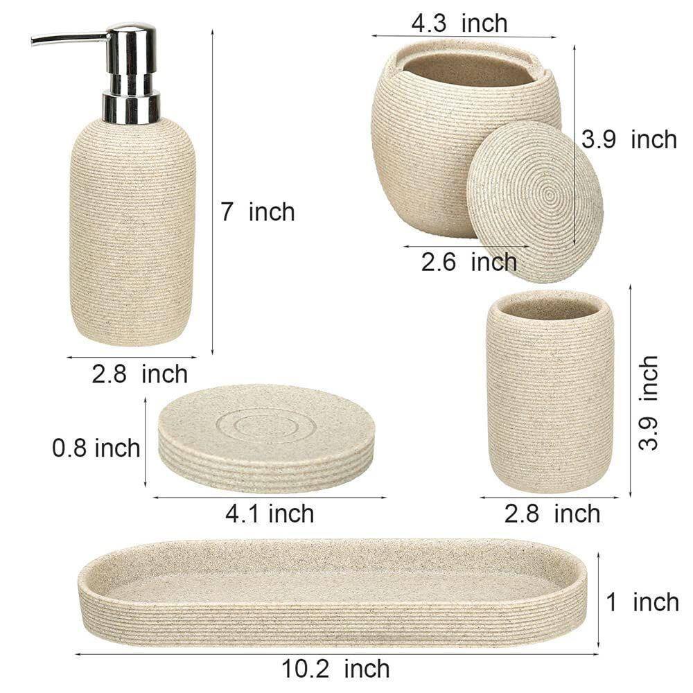 Dracelo 5-Piece Bathroom Accessory Set with Lotion Dispenser Soap Dish Toothbrush Holder Tray Qtip Holder Dispenser in Beige B0B6ZZVQ7G