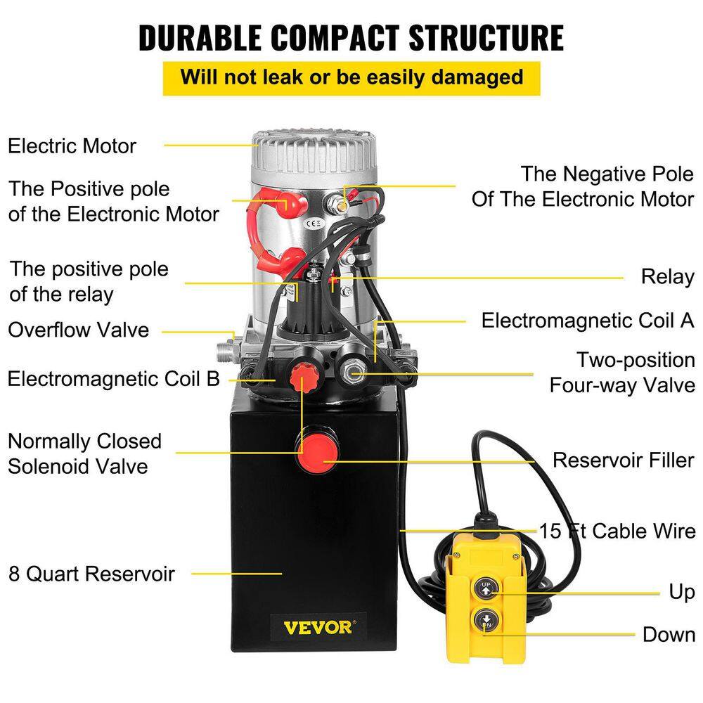 VEVOR 12-Volt DC 8 qt. Hydraulic Power Unit Hydraulic Pump Double Acting Hydraulic Power with Metal Oil Reservoir for Car Lift 8LCZYYBTXSZY00001V0