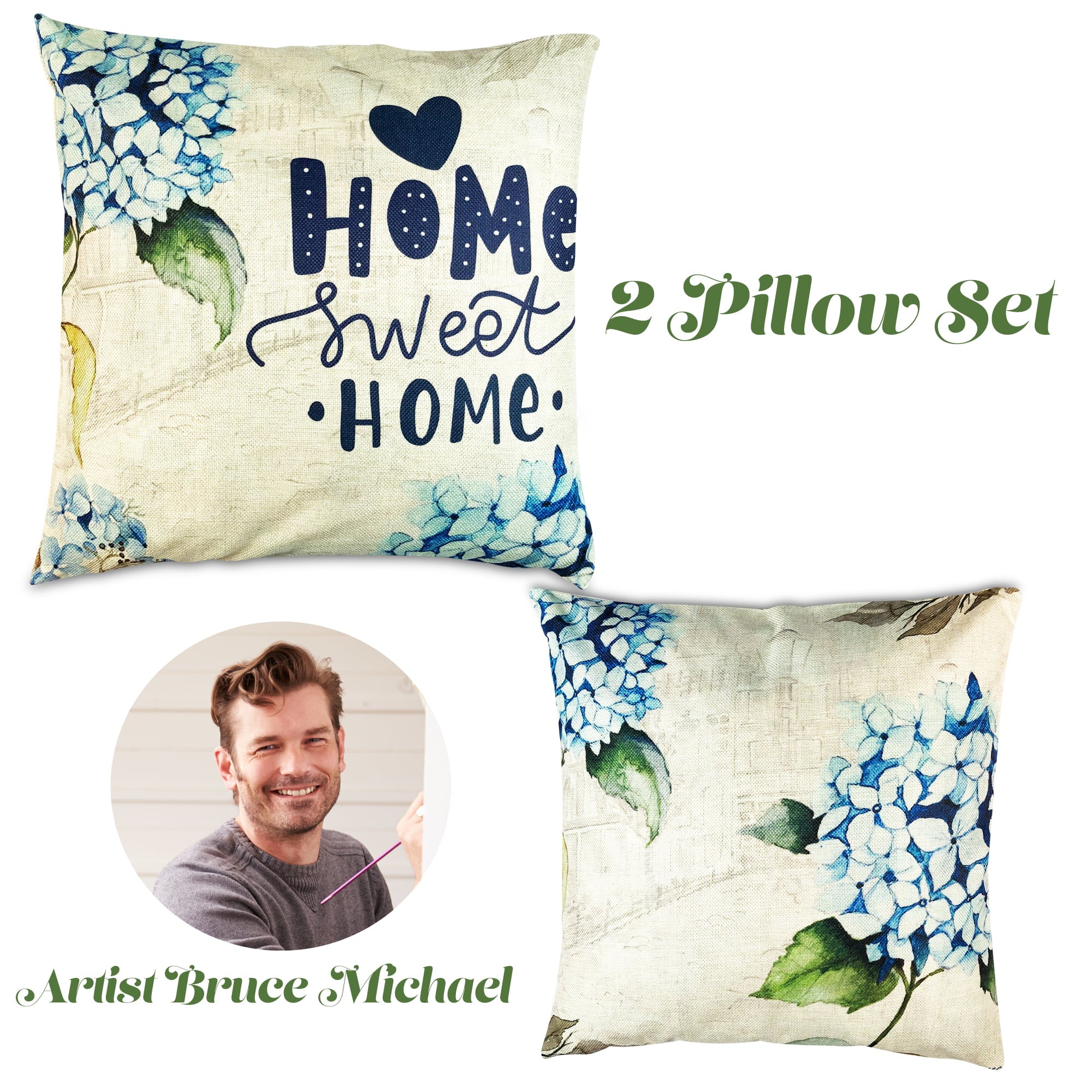 Floral Set of 2 Throw Pillow Covers Cushion Square 18 x 18 Decorative Farmhouse Sofa Couch Cover for Living Room or Outside Porch Navy Blue