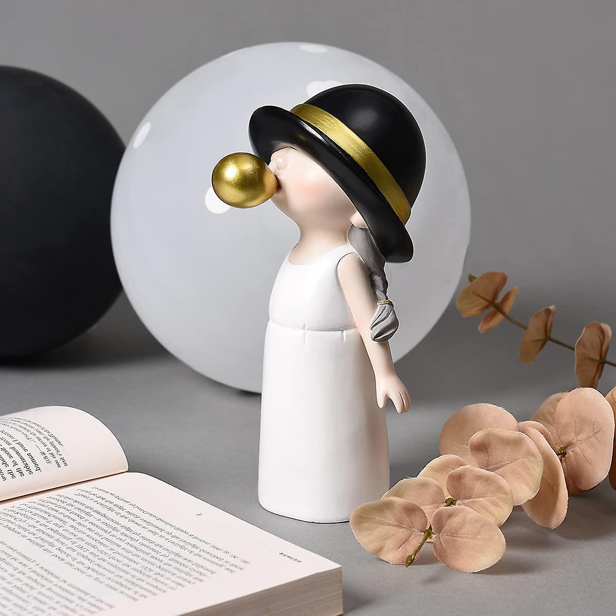 Statues For Home Decor， Bubble Blowing Sculpture Girl Black And White Figurine Modern Sculpture Resin Decorative Statues For Desktop Resin Sculptures