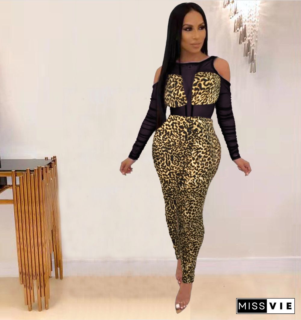 Sexy Mesh Sheer Patchwork Leopard Printed Bodycon Jumpsuit