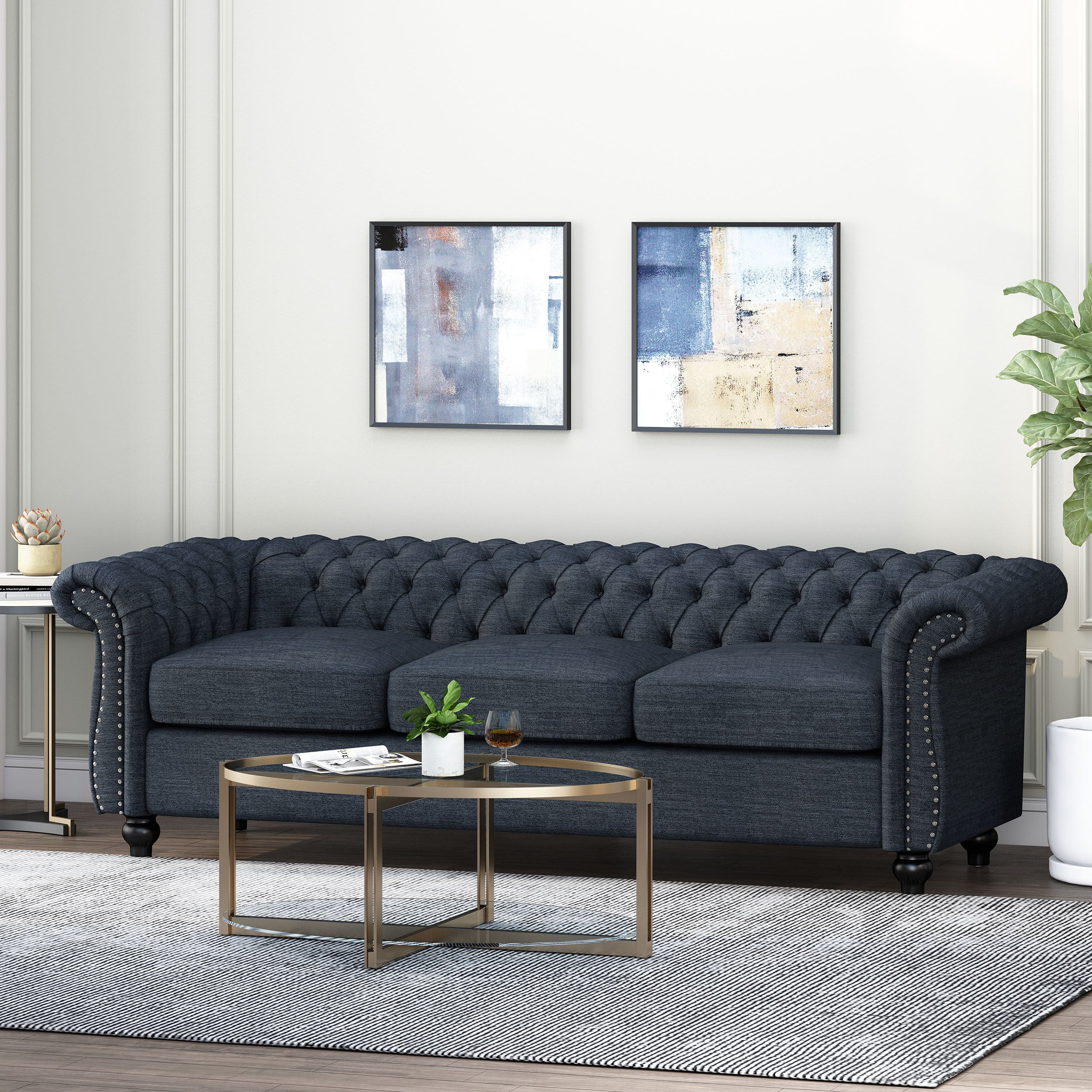 Noble House Augus Fabric Tufted 3 Seater Sofa, Navy Blue, Dark Brown