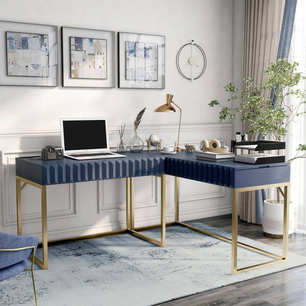 Furniture of America Gotheimer 56.75 in. L-Shaped Blue and Gold Writing Desk Set with Lift-Top IDF-DK406BL-SET