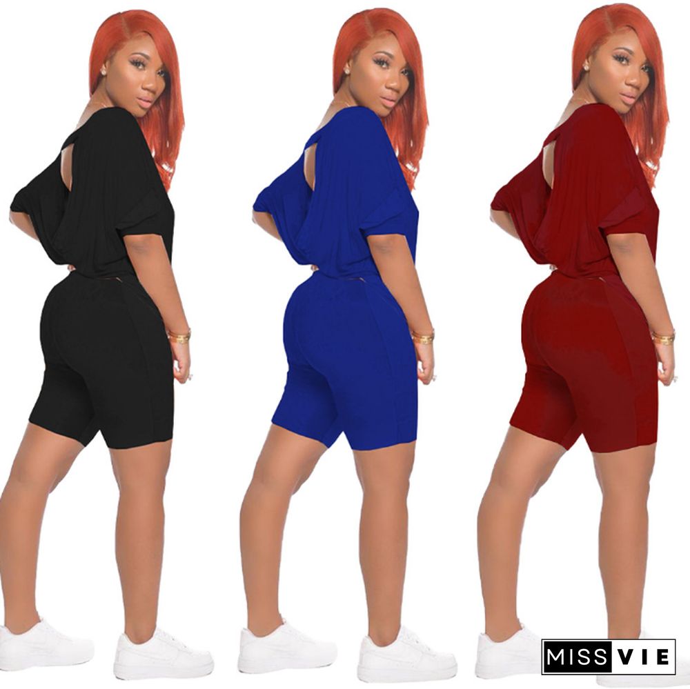 Solid-color Back Hollowed-out T-shirt Tight Shorts 2 Piece Suit