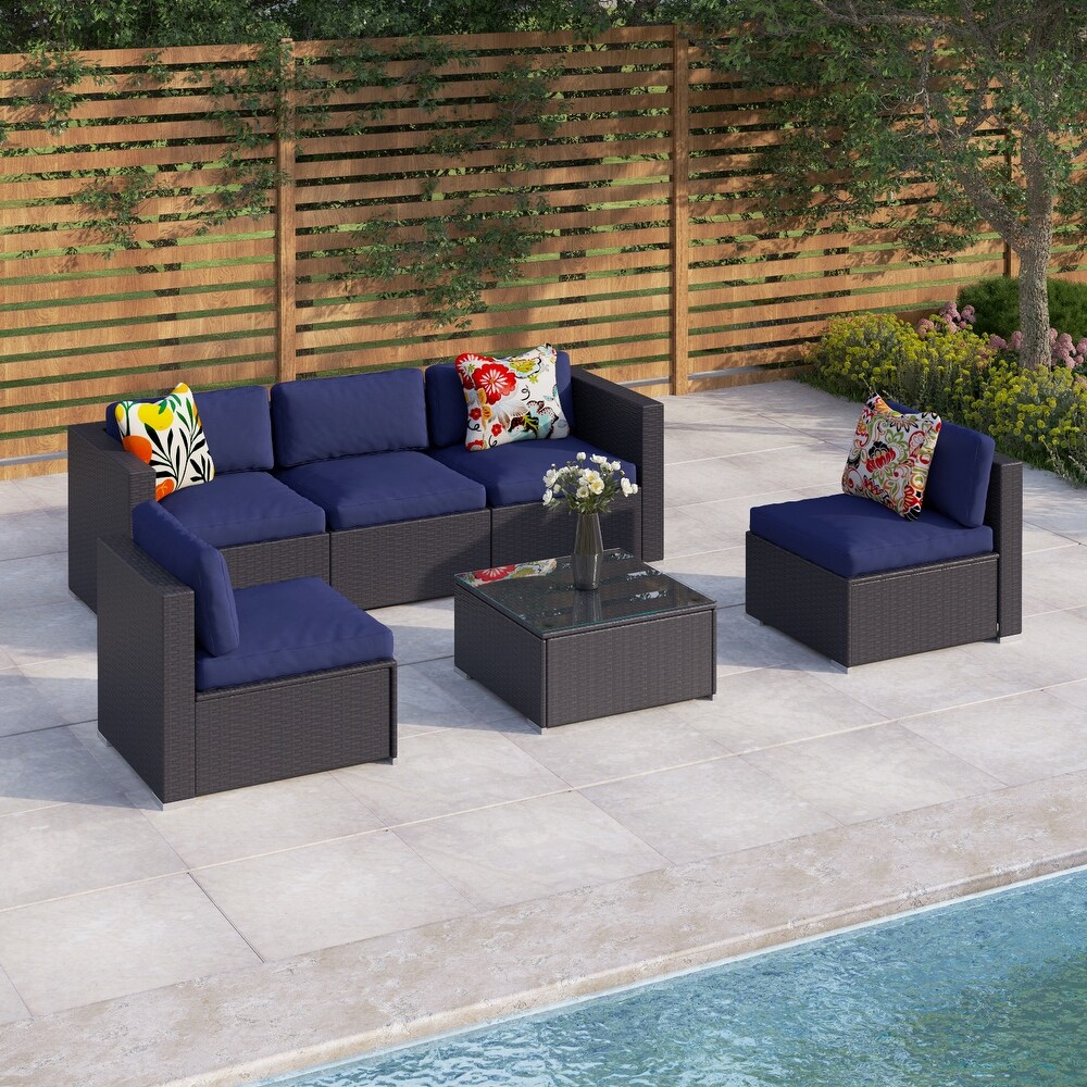 6 Piece Outdoor Sectional Sofa Rattan Patio Furniture Set Conversation Set with Tea Table