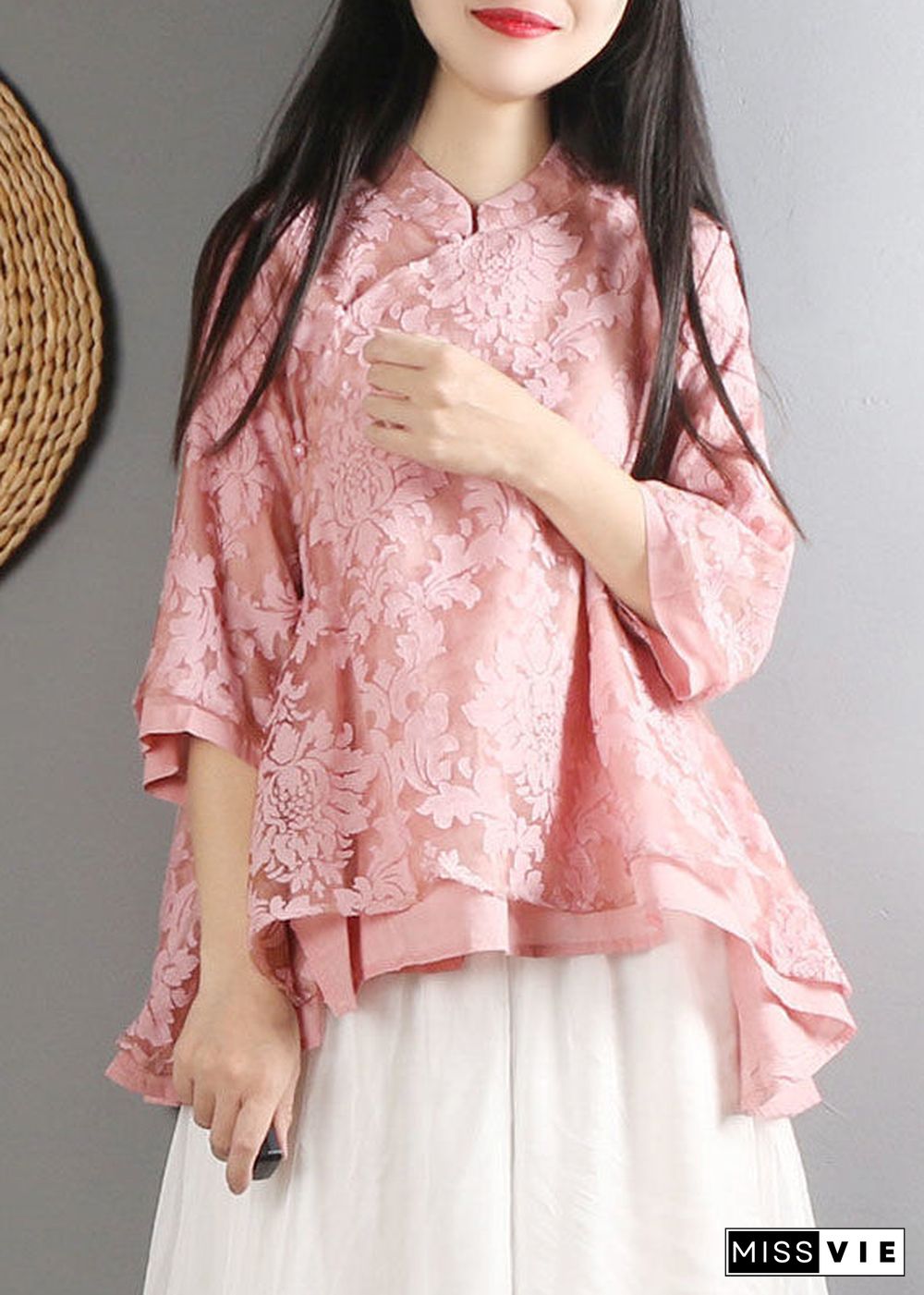 Women Pink Mandarin Collar Cotton Shirt Top Bracelet Sleeve