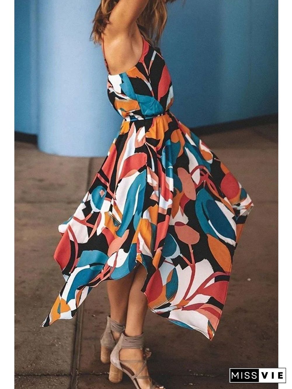 Spaghetti Straps Printed Multicolor Midi Dress (Nonelastic) P15412