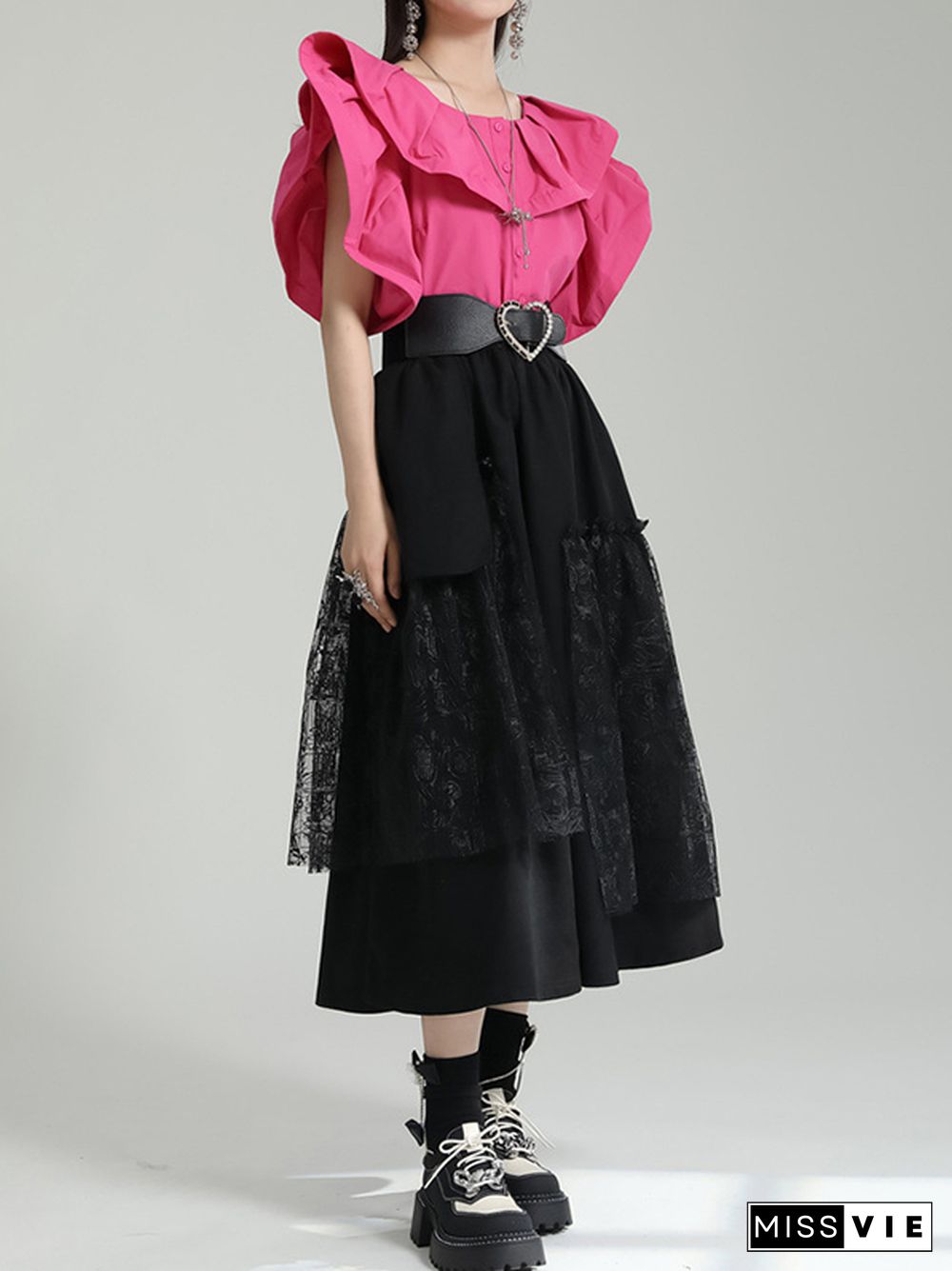 Loose Short Sleeves Falbala Pleated Solid Color Split-Joint Round-Neck Blouses