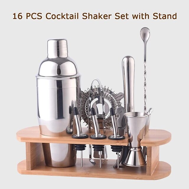 Insulated Cocktail Shaker Bartender Kit Cocktail Shaker Mixer Stainless Steel 350ml Bar Tool Set with Stylish Bamboo Stand Perfect Home Bartending Kit and Martini Cocktail Shaker Set