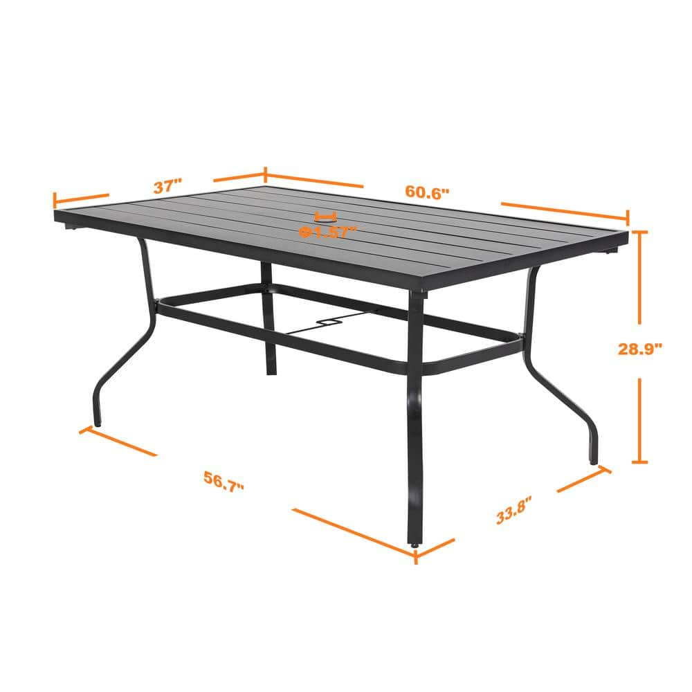 Nuu Garden Black Rectangle Metal Outdoor Patio Dining Table with Umbrella Hole