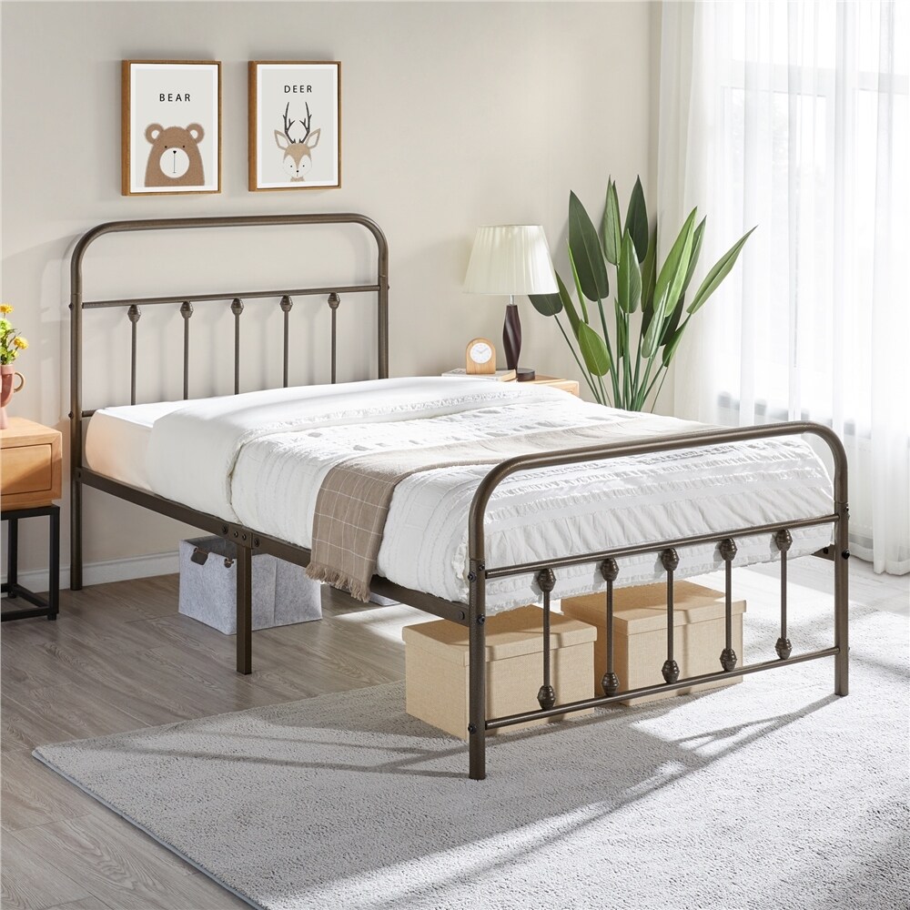 Yaheetech Classic Iron Platform Bed with High Headboard and Footboard Strong Metal Framed Bed