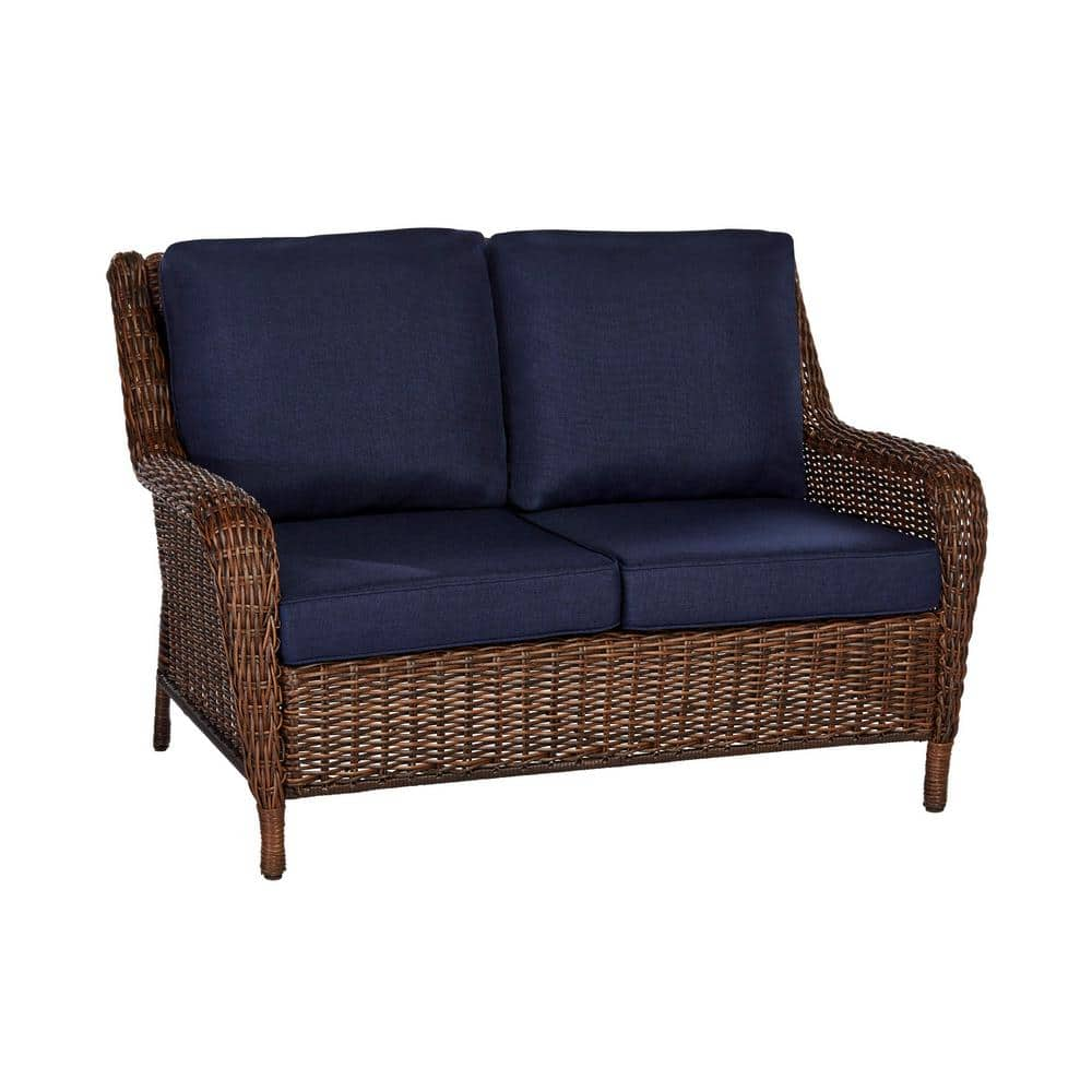 Hampton Bay Cambridge Brown Wicker Outdoor Patio Loveseat with CushionGuard Midnight Navy Blue Cushions 65-17148B3