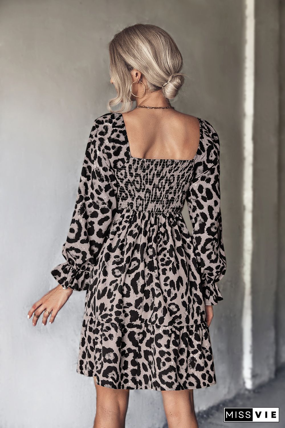 Smocked Square Neck Leopard Print Mini Dress