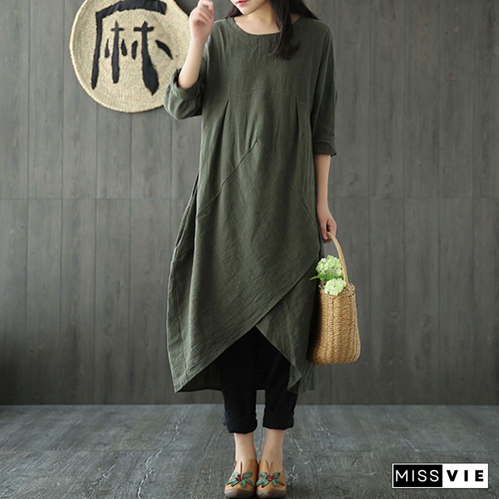 Vintage Women Cotton Crewneck Long Sleeve Baggy Tops Asymmetrical Hem Midi Dress