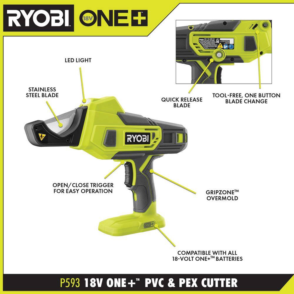 RYOBI ONE+ 18V Cordless PVC and PEX Cutter with Hybrid LED Project Light (Tools Only) P593-P790