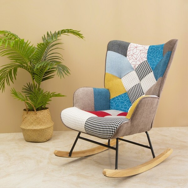 Fabric Rocker Chair with Wood Legs and Patchwork Linen