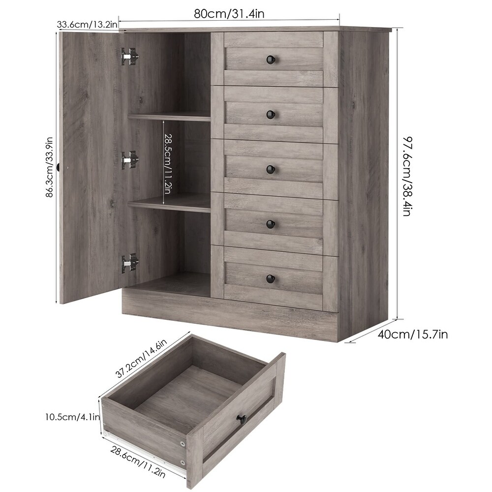 5 Drawer Dresser with Door  Storage Cabinet with Drawers and Shelves  Modern Chest of Drawers Closet Organizers