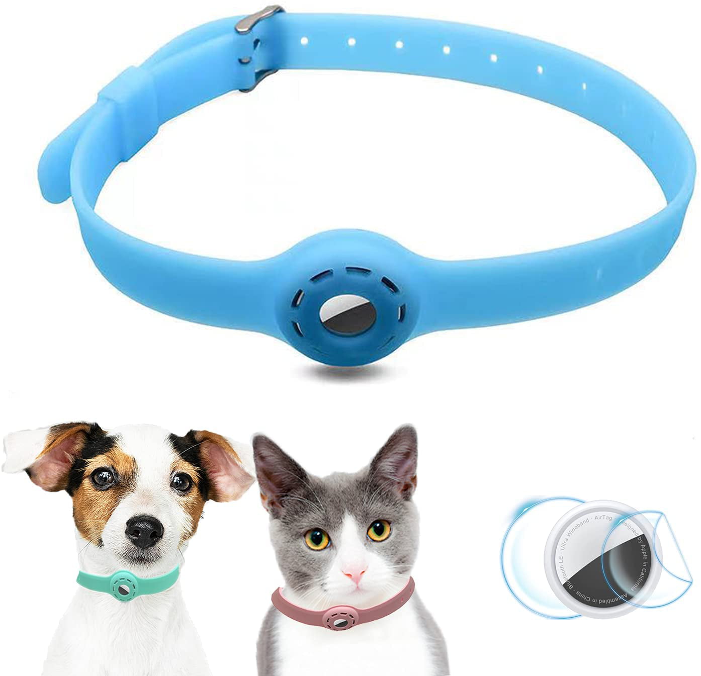 Airtag Dog Collar Holder Airtag Cat Collar 9-19.5inch Soft Silicone Dog Collars for Apple Airtag on Cats Small Dogs Puppies (Blue)