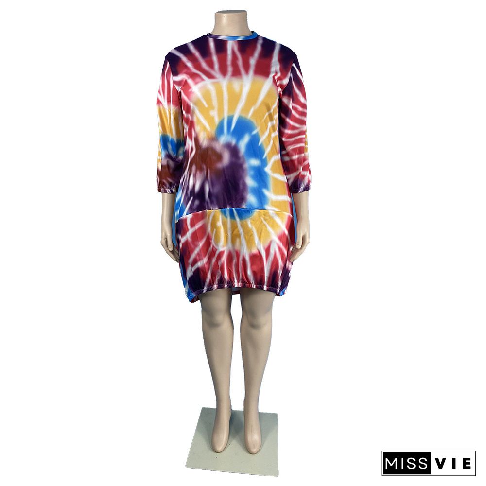 Tie Dye Plus Size Women Clothing Three-Quarter Sleeve O Neck Oversized Loose T Shirt Midi Dresses