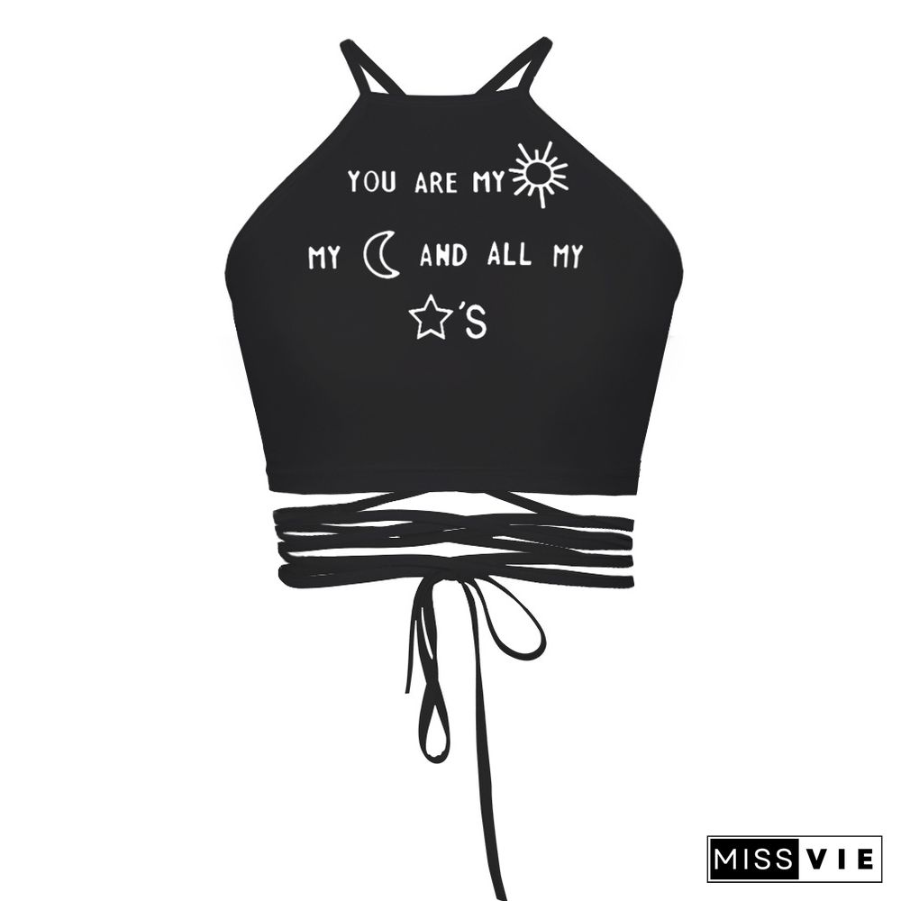 Ladies Lace Up Camisole Corset Top Skull Moon Butterfly Print Vest Anime Summer Costume Crop Top Bandage Gothic Y2K Tank Tops