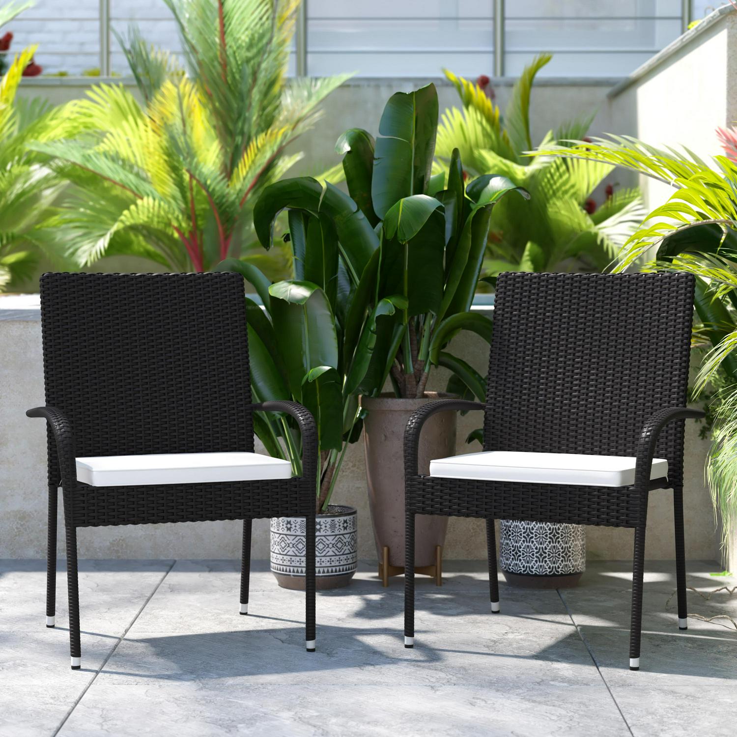 Flash Furniture Maxim Set of 2 Stackable Indoor/Outdoor Black Wicker Dining Chairs with Cream Seat Cushions  Fade and Weather-Resistant Materials