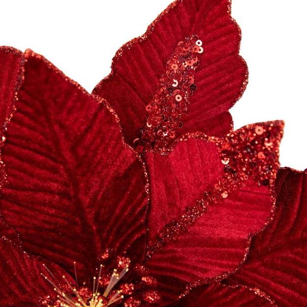 Lighted Red Velvet Poinsettia Christmas Stem Spray