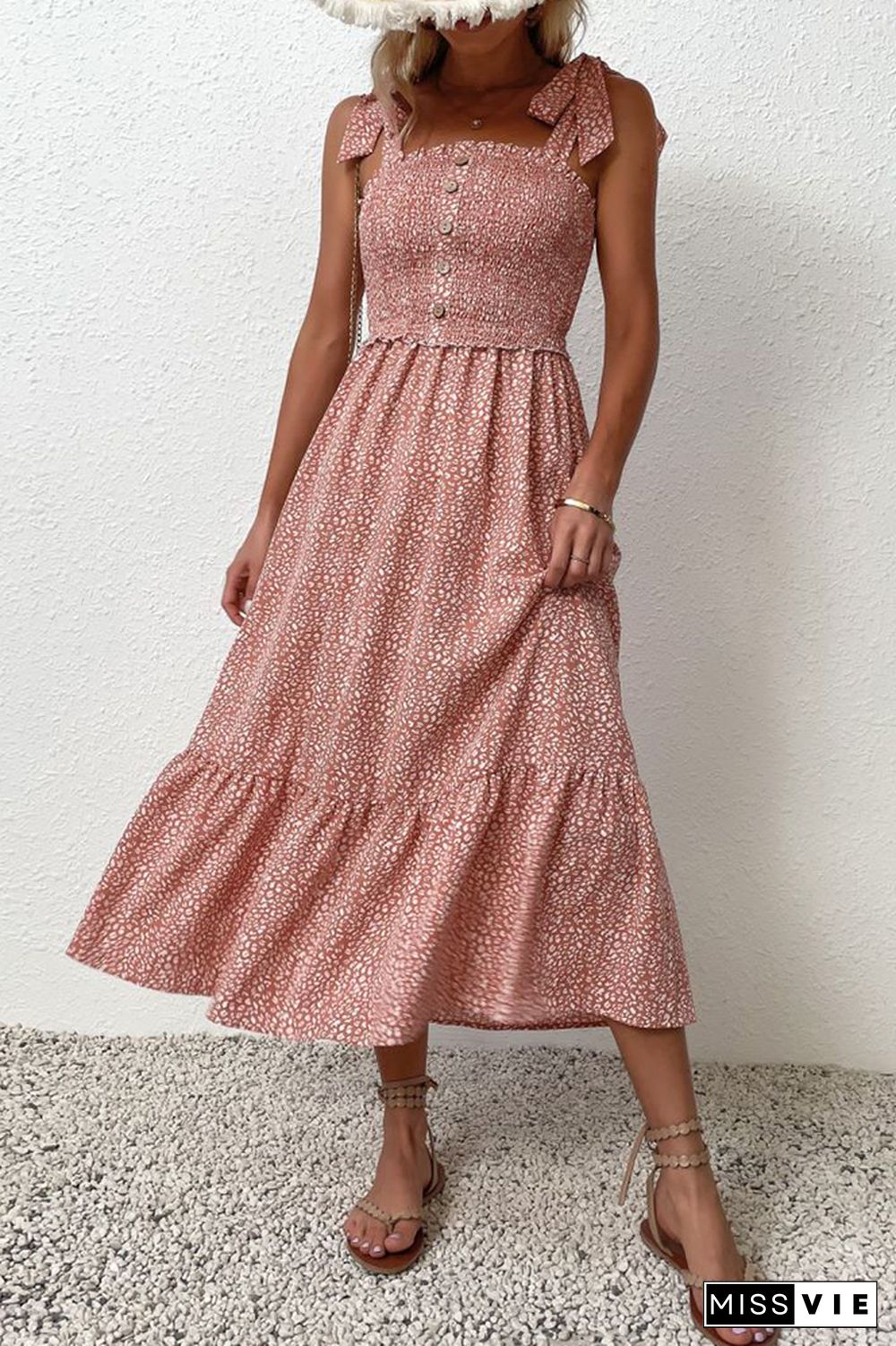 Pink Button Down Smocked Top Ruffle Floral Maxi Dress