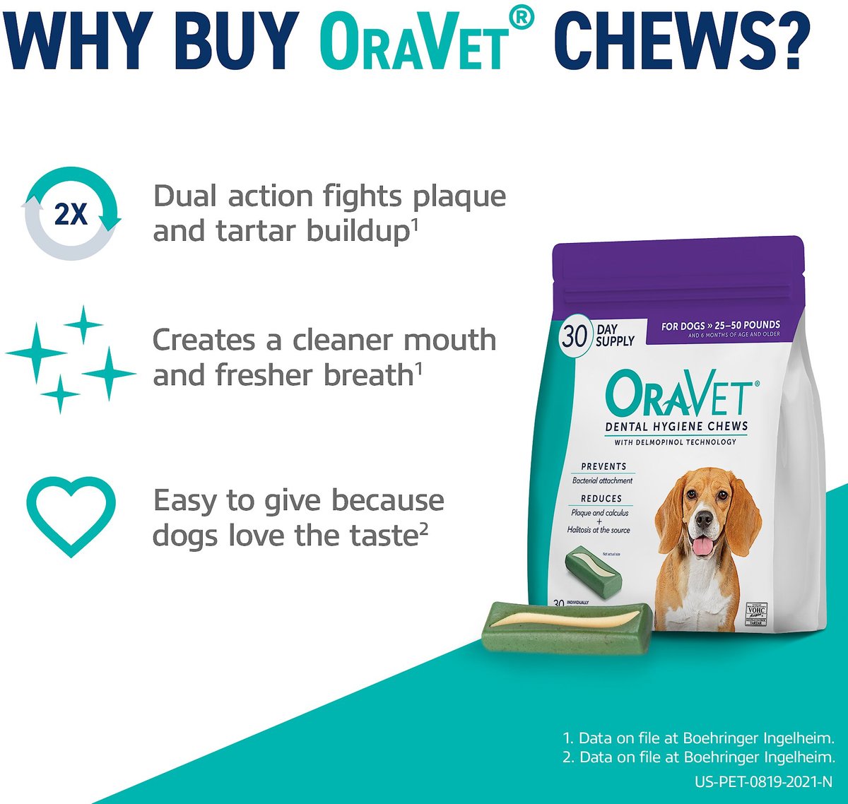 OraVet Hygiene Dental Chews for Medium Dogs， 25 - 50 lbs