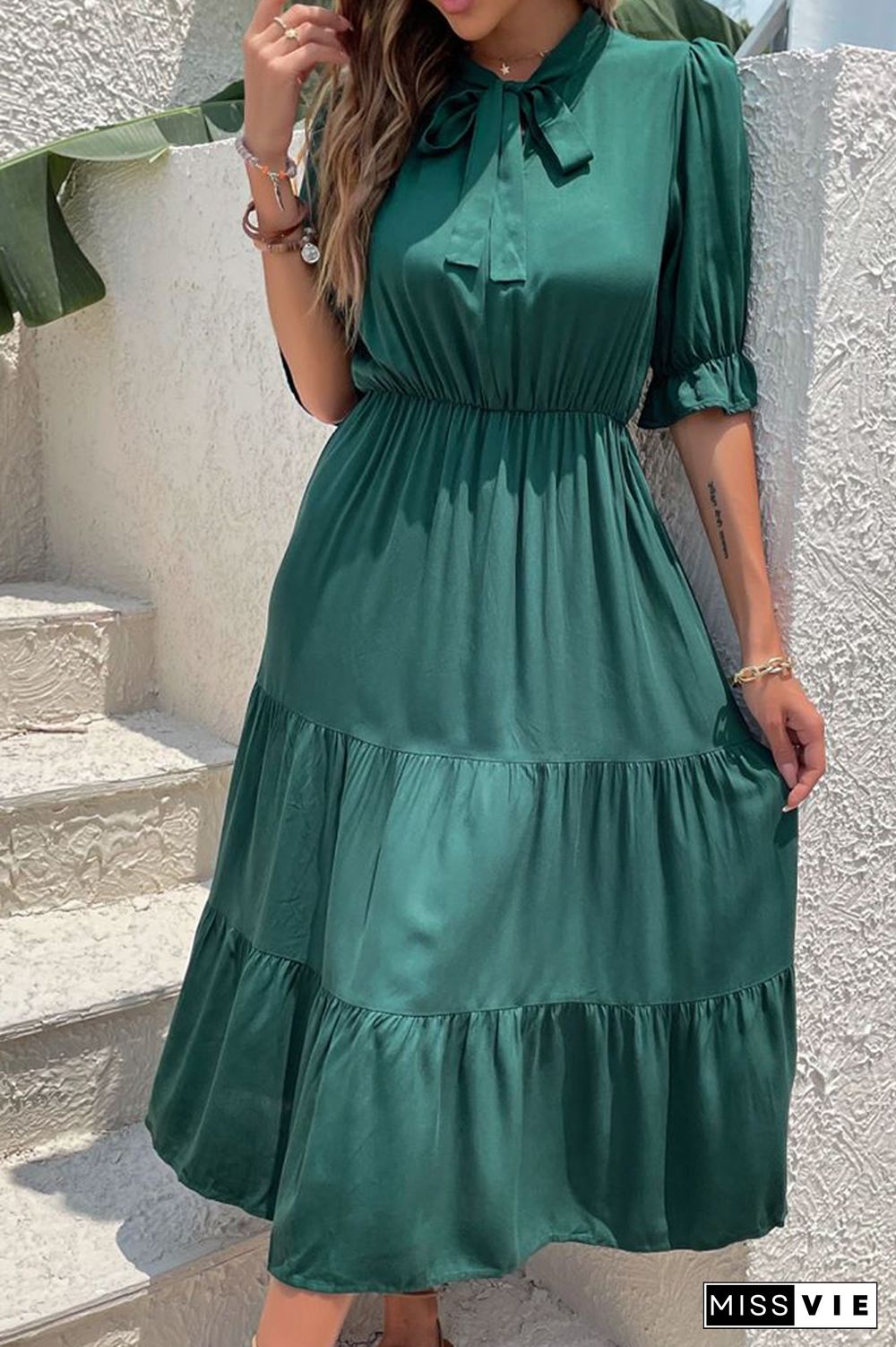 Dark Green Half Sleeve Midi Dress Wholesale