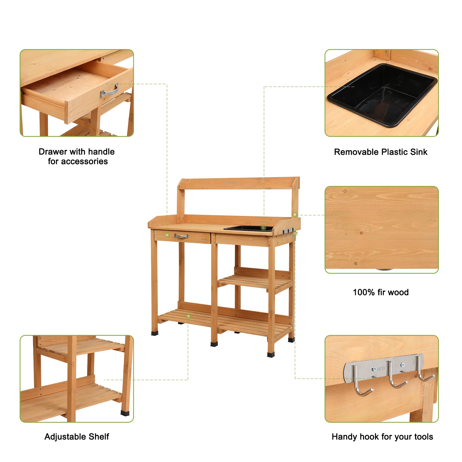 VINGLI Wood Garden Potting Benches with Sink, Shelf for Garden Yellow