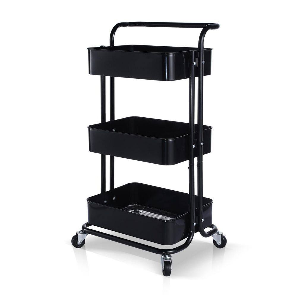 Kahomvis 3-Tier Metal Storage Rolling Utility Cart Heavy Duty Craft Cart with Wheels and Handle in Black Mile-LKD0-4RPY