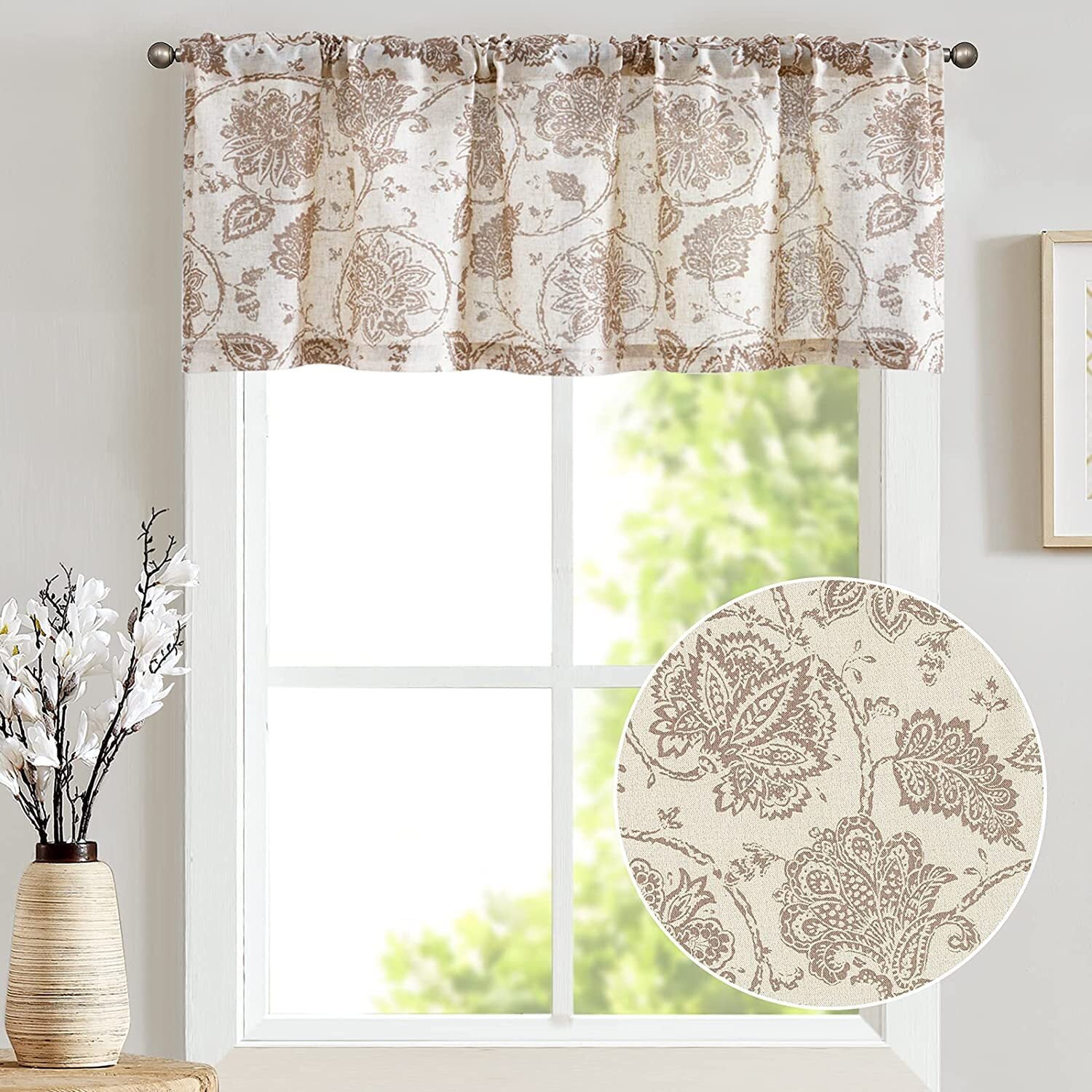 CURTAINKING Kitchen Valance W50 x L18 Linen Textured Floral Printed Small Window Curtain Rustic Jacobean 1 Panel Rod Pocket Taupe on Beige