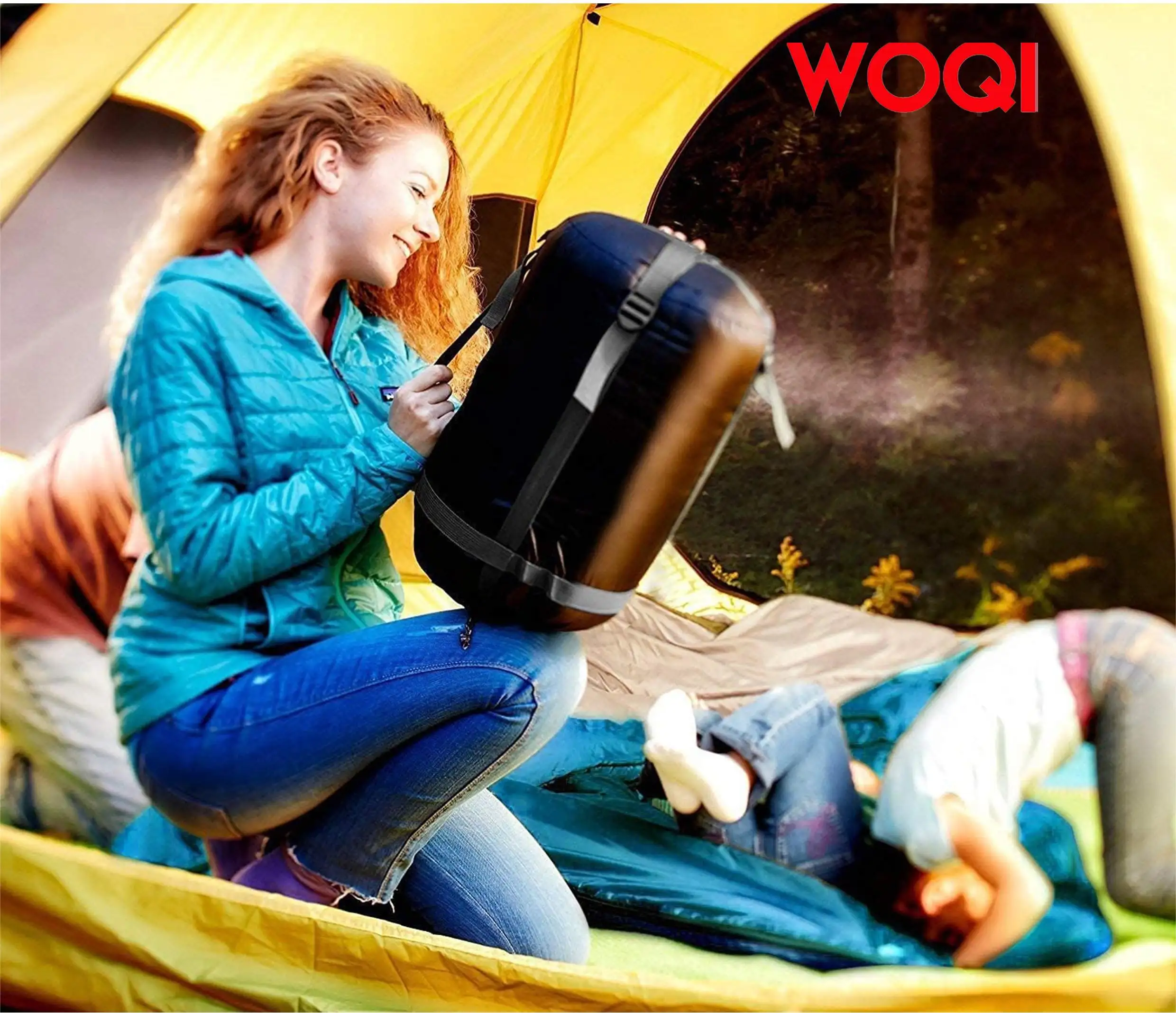 WOQI large double sleeping bag  suitable for camping  hiking  travel  with 2 pillows